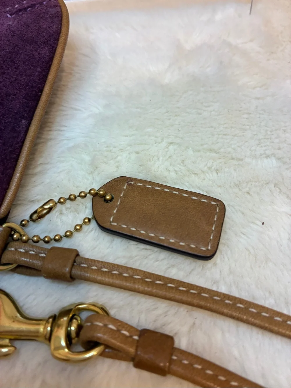 Coach Purple Suede Wristlet Clutch Brown Leather Trim Brass Grommet Y2K Vintage
